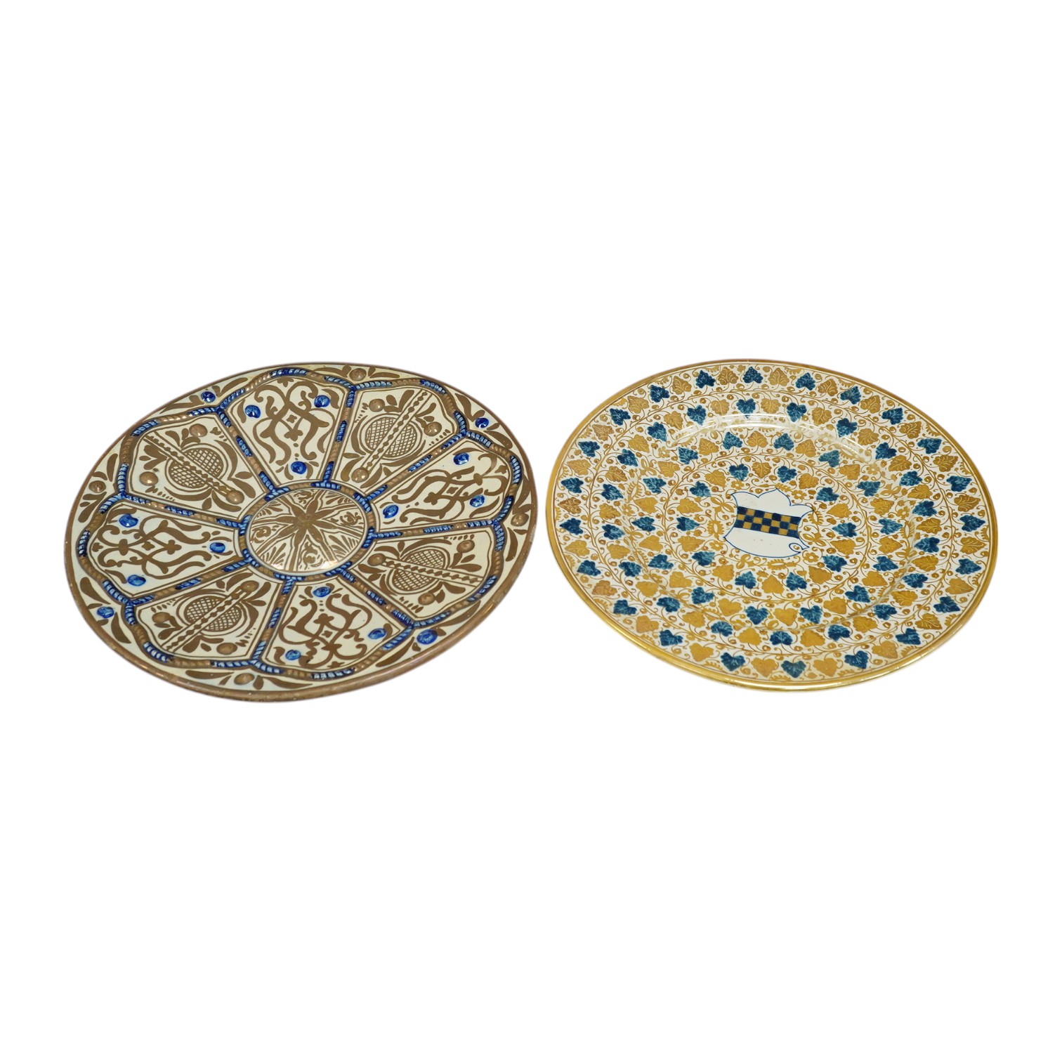 A Cantigalli maiolica lustre dish and a Hispano-Moresque style maiolica dish, 38cm in diameter. Condition - good